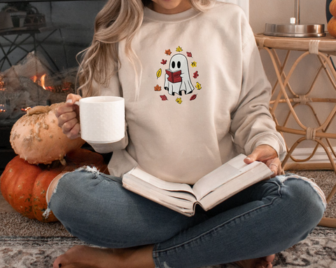 Embroidered Cute Ghost Reading Fall Sweatshirt - Bookish Halloween Crewneck Embroidered Sweatshirt for Bookworms, Book Lover Holiday Gift ideas